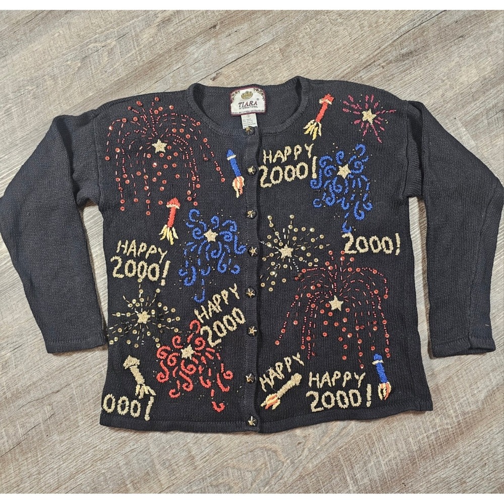 Vintage Y2K Happy 2000 Millennium Fireworks Cardigan Sweater Beaded Sequin Party - Picture 1 of 10